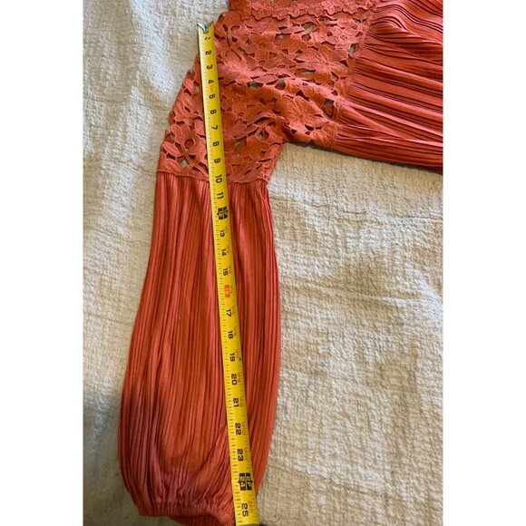 Express Blouse Small Rust Orange Crochet Lace Pleated Long Sleeve Boho Top Peasa - Picture 5 of 14